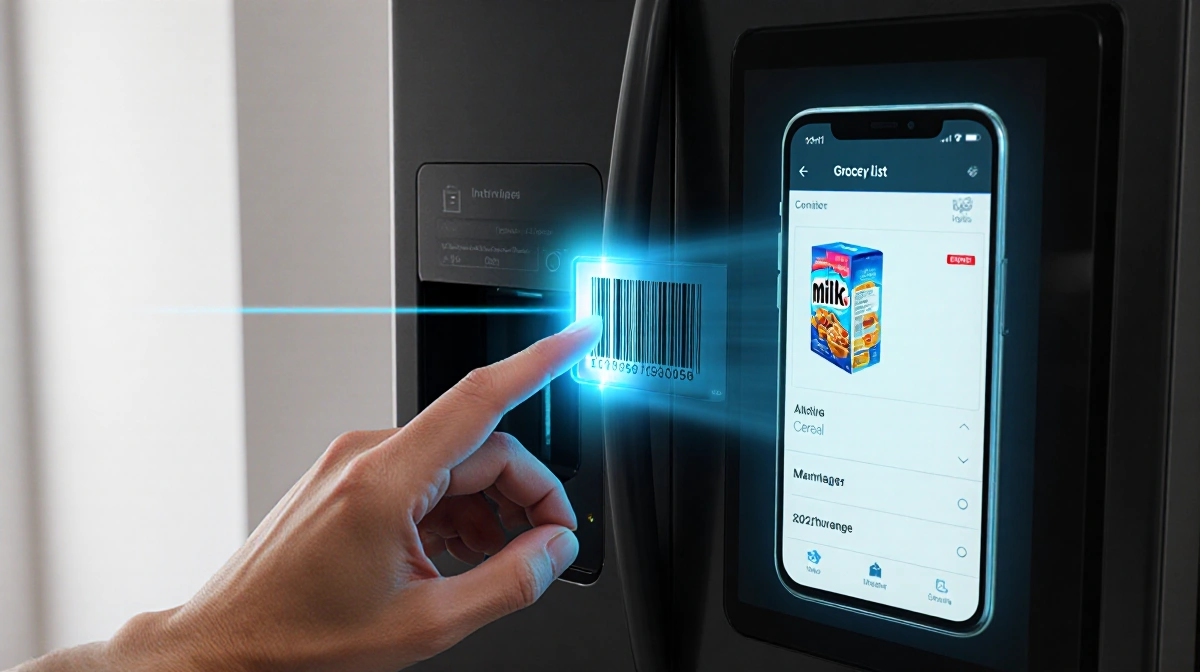 Hand swipes barcode across fridge scanner with blue glow and grocery item appearing on screen