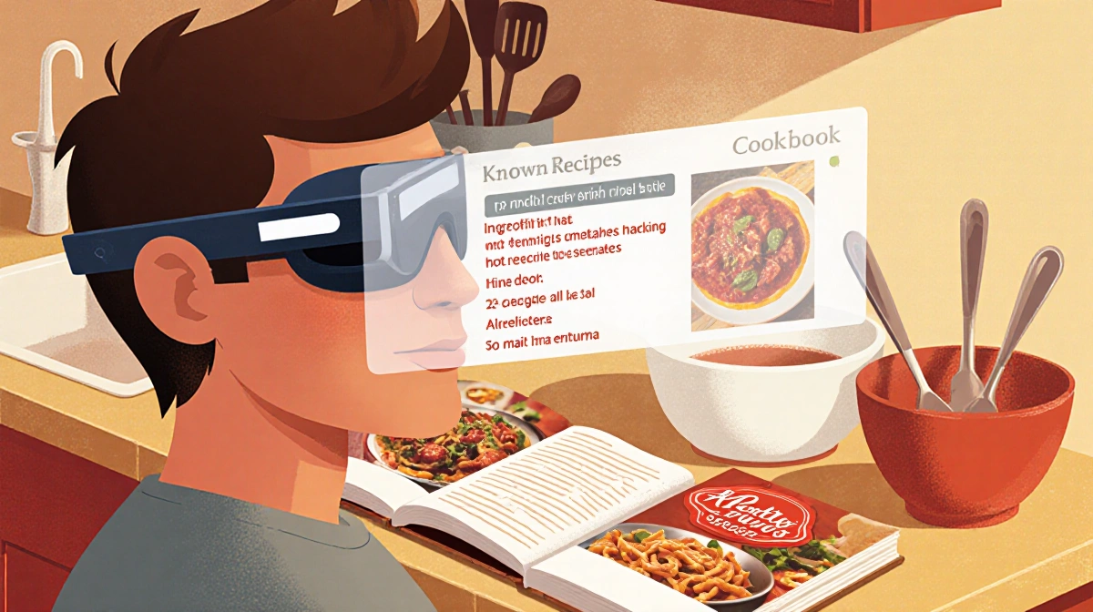 Person wearing smart glasses cooks with Betty Crocker cookbook and sees Alfredo sauce recipe overlay