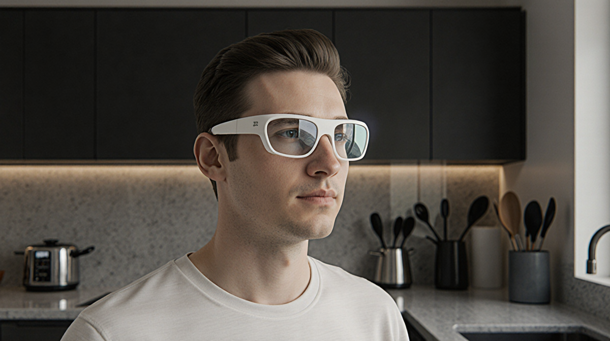 Person wearing smart glasses with prescription lenses stands before sleek futuristic kitchen counter with modern appliances