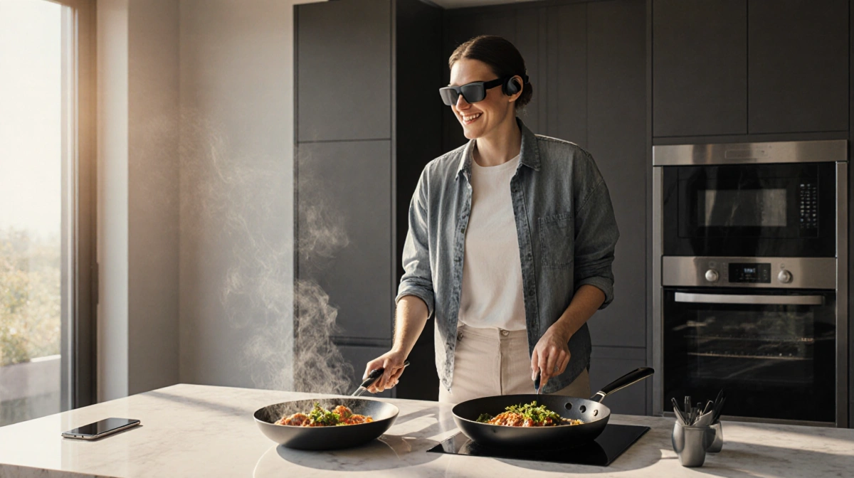 Tech reviewer wearing smart audio glasses while cooking with sizzling pan and smartphone resting on modern kitchen counter