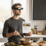 Person wearing Solos AirGo A5 smart glasses stands with wooden spoon and bowl on kitchen counter, light shines on cooking.
