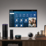 Large smart screen shows Alexa interface with smart lights thermostat cameras and a family photo in warm glow