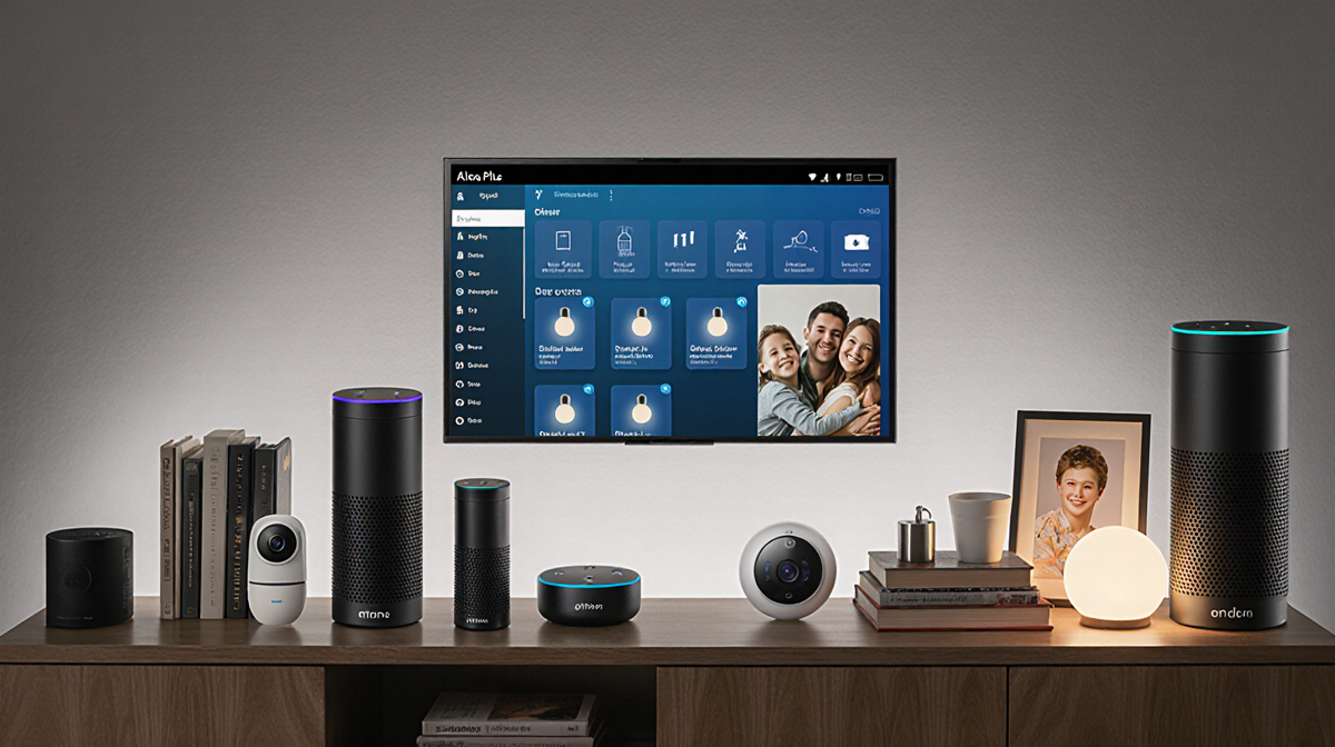 Large smart screen shows Alexa interface with smart lights thermostat cameras and a family photo in warm glow