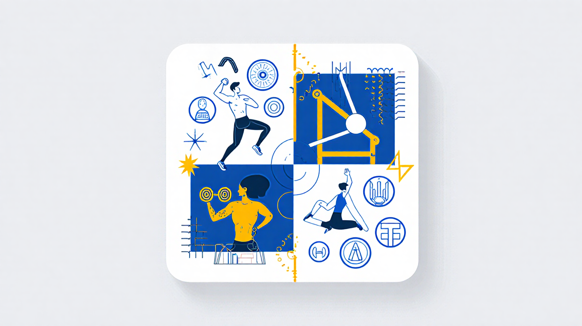 Grid of smart home gym categories shows strength training and cardio and yoga sections with bold colors and clean lines