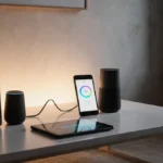 Smart home devices glowing warmly with tablet interface and phone charging on sleek coffee table