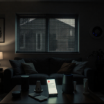 Glowing smartphone on coffee table illuminates cryptic message with smart home devices and cameras and ominous shadow on wall