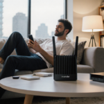 Person scrolling on smartphone with smart home router on coffee table in a cozy living room and cityscape outside