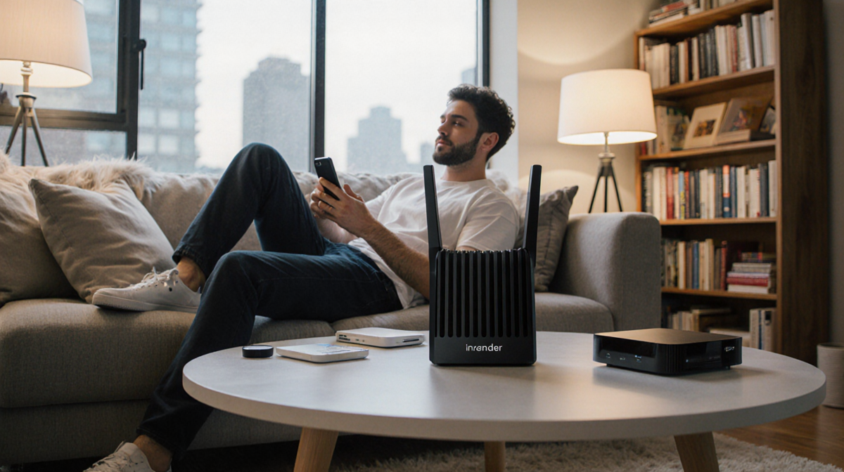 Person scrolling on smartphone with smart home router on coffee table in a cozy living room and cityscape outside