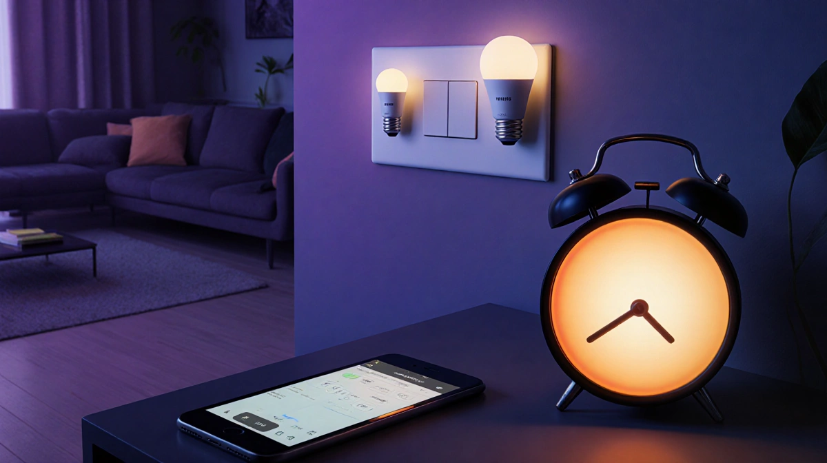 Smart bulbs glow with sunrise clock and phone showing voice control in a cozy living room.