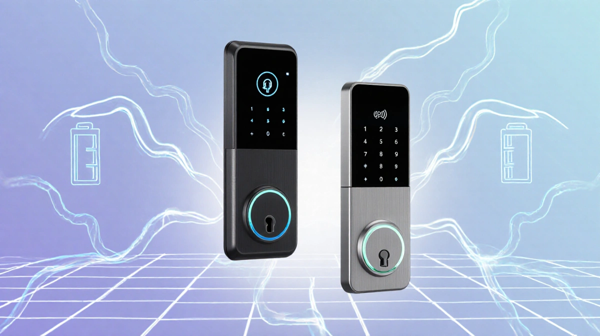 Two smart locks glow with wireless charging lines and electrical currents showing AuraCharge technology with battery icons ne