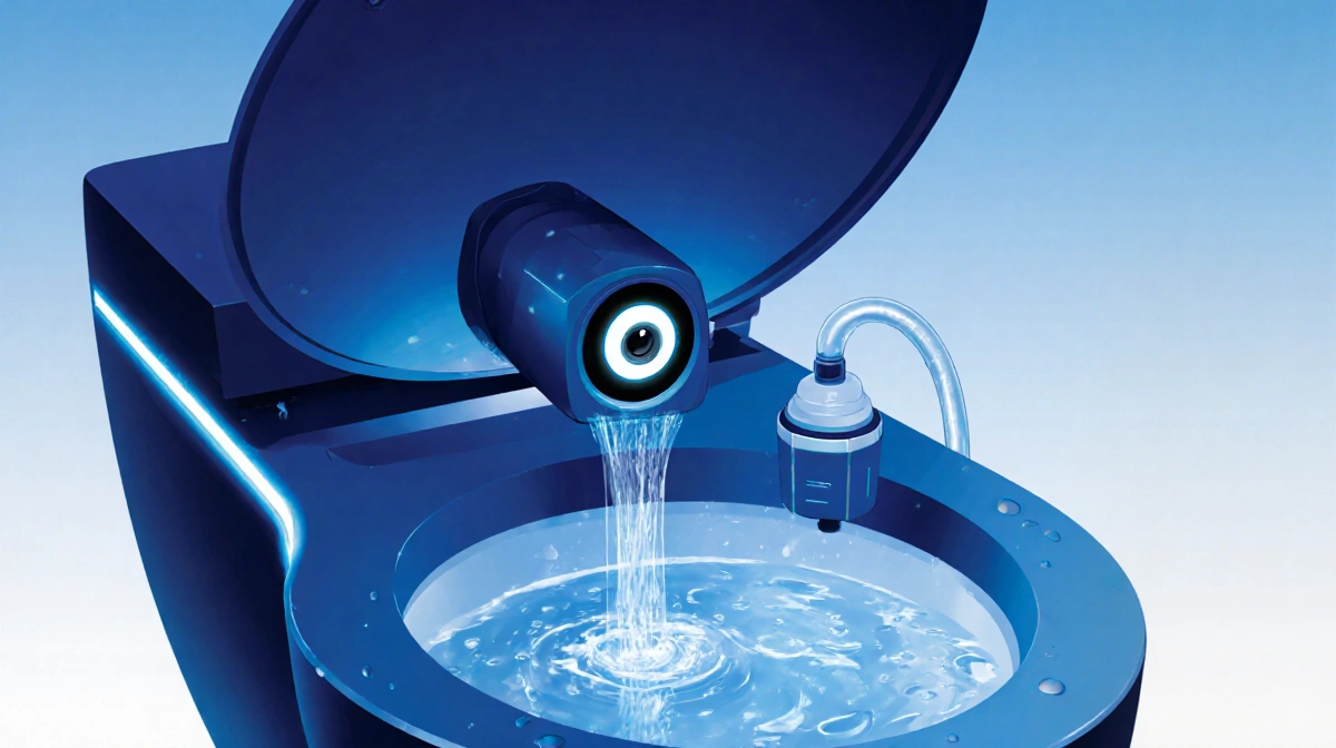 Futuristic smart toilet with camera lens capturing water flow into data collection module with glowing rim