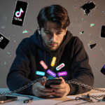 Person sitting with worried face near smartphone scrolling animation wraps fingers like chains amid cables broken electronics