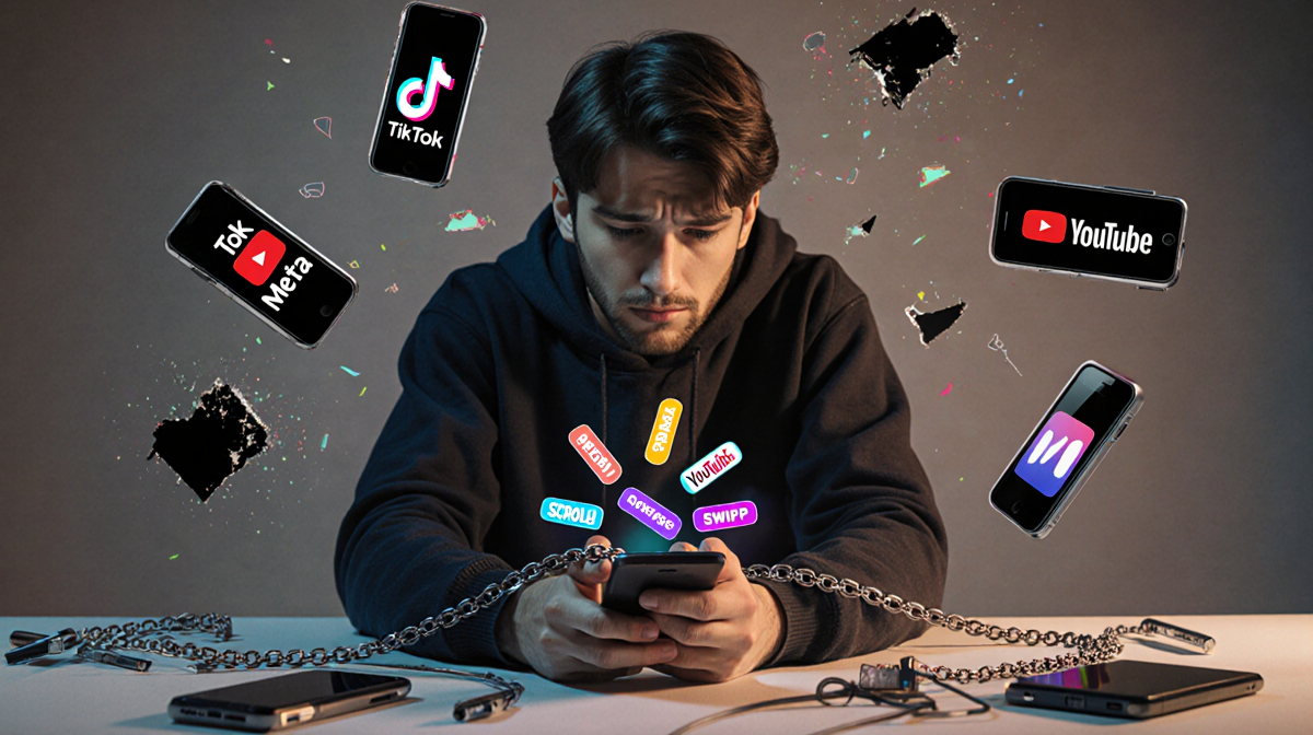 Person sitting with worried face near smartphone scrolling animation wraps fingers like chains amid cables broken electronics