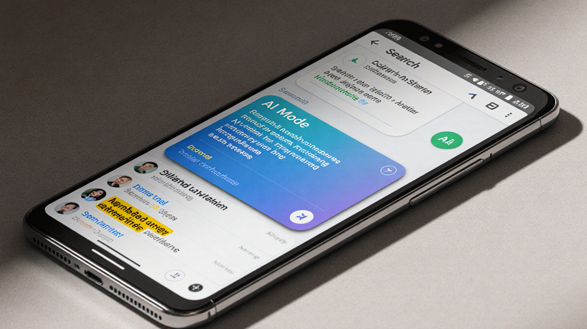 Smartphone screen showing Google Search AI Mode with chat window displaying conversation and highlighted keywords