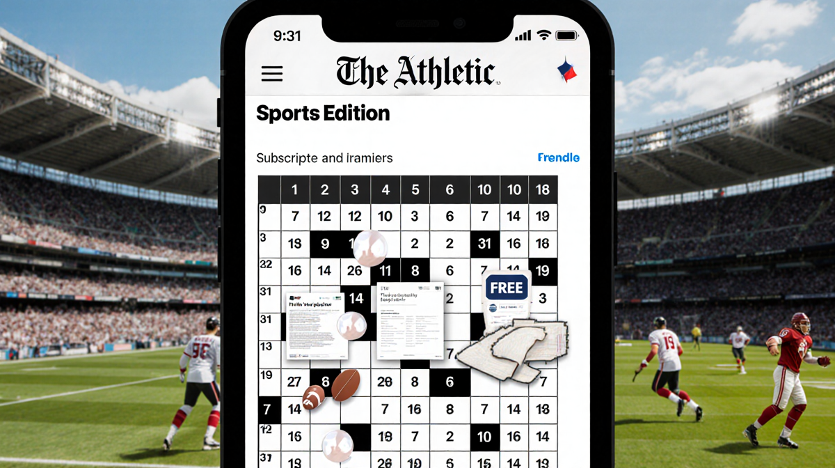 Smartphone screen showing The Athletic app with sports puzzle grid and a free badge with blurred stadiums and athletes behind