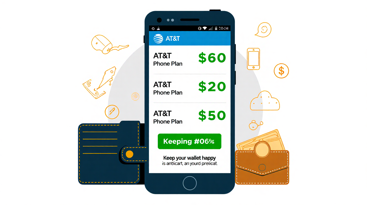 Smartphone displaying multiple phone plans with AT&T $10 highlighted in green and a wallet nearby