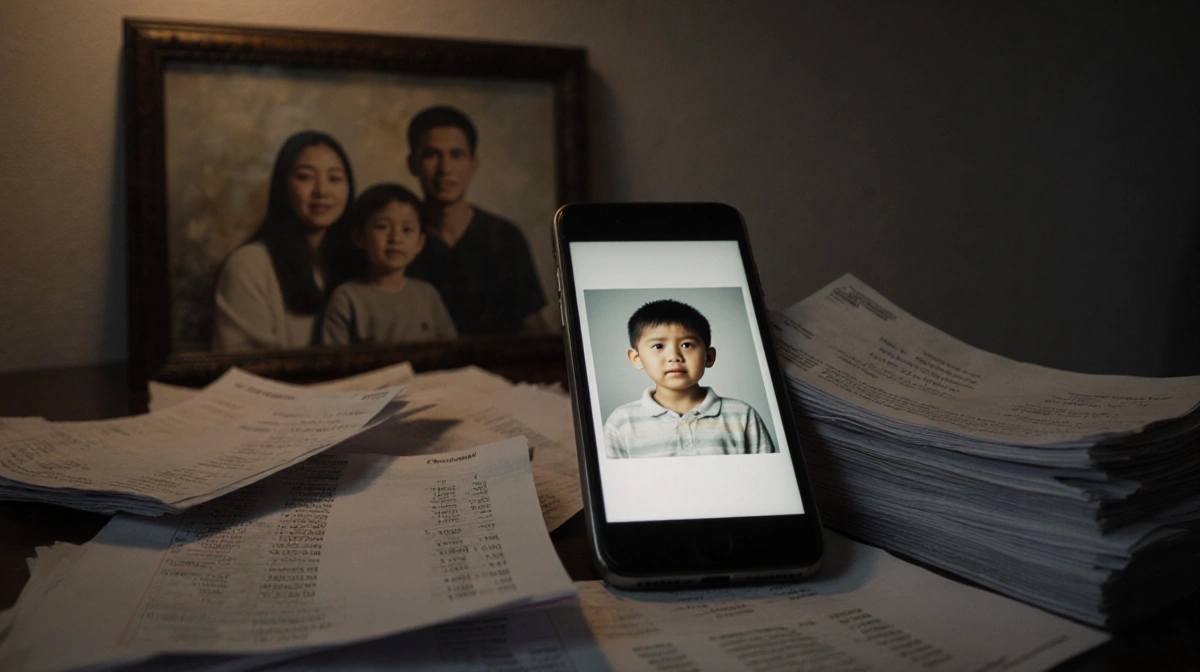 Smartphone shows worried family member on screen with unpaid bills stacked nearby and faded portrait on wall