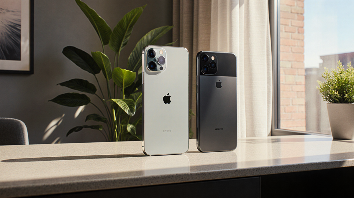 Smartphones showcase camera lenses with natural light pouring from a large window and lush greenery surrounding the desk