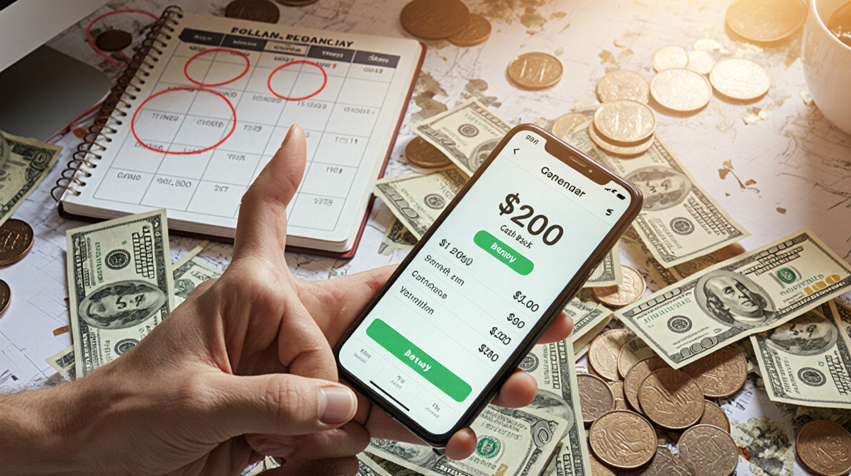 Person holding smartphone with puzzled expression and cash-back balance growing on screen amid scattered bills cluttered desk