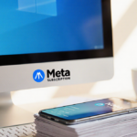 Smartphone and computer screen dominate with a subtle blue gradient and a blurred Meta logo above stacked subscription plans.