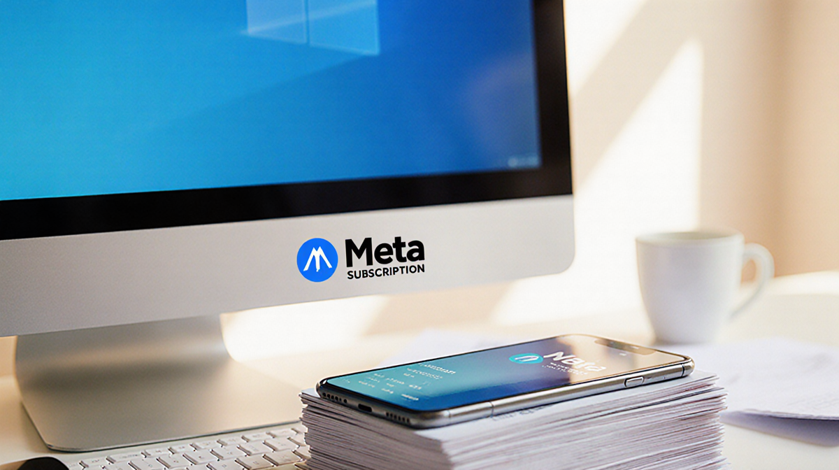 Smartphone and computer screen dominate with a subtle blue gradient and a blurred Meta logo above stacked subscription plans.