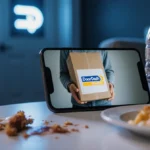 Smartphone screen shows a person holding a DoorDash food delivery package with a half‑eaten meal and blurred door sign