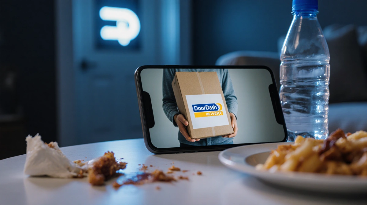 Smartphone screen shows a person holding a DoorDash food delivery package with a half‑eaten meal and blurred door sign