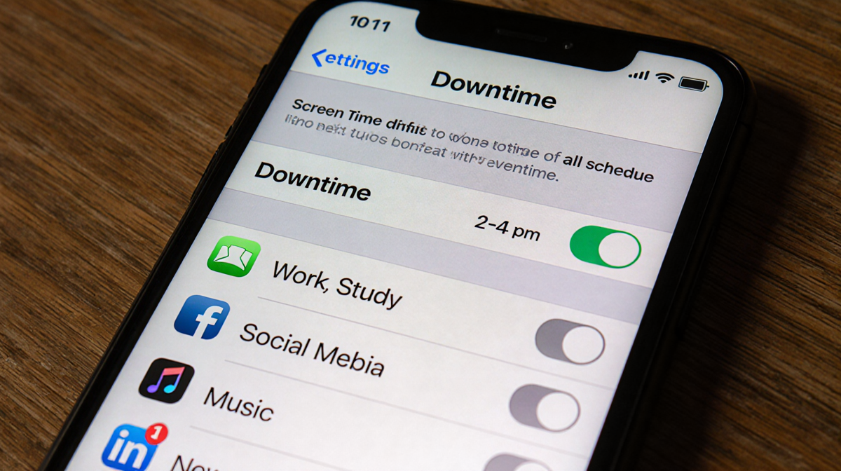 Smartphone screen showing Downtime toggle on with 2-4 pm and 8-10 pm schedule and grayed out app icons for boundaries