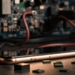 Smartphone glowing with golden light and microchips arranged as survival kit against blurred tech background