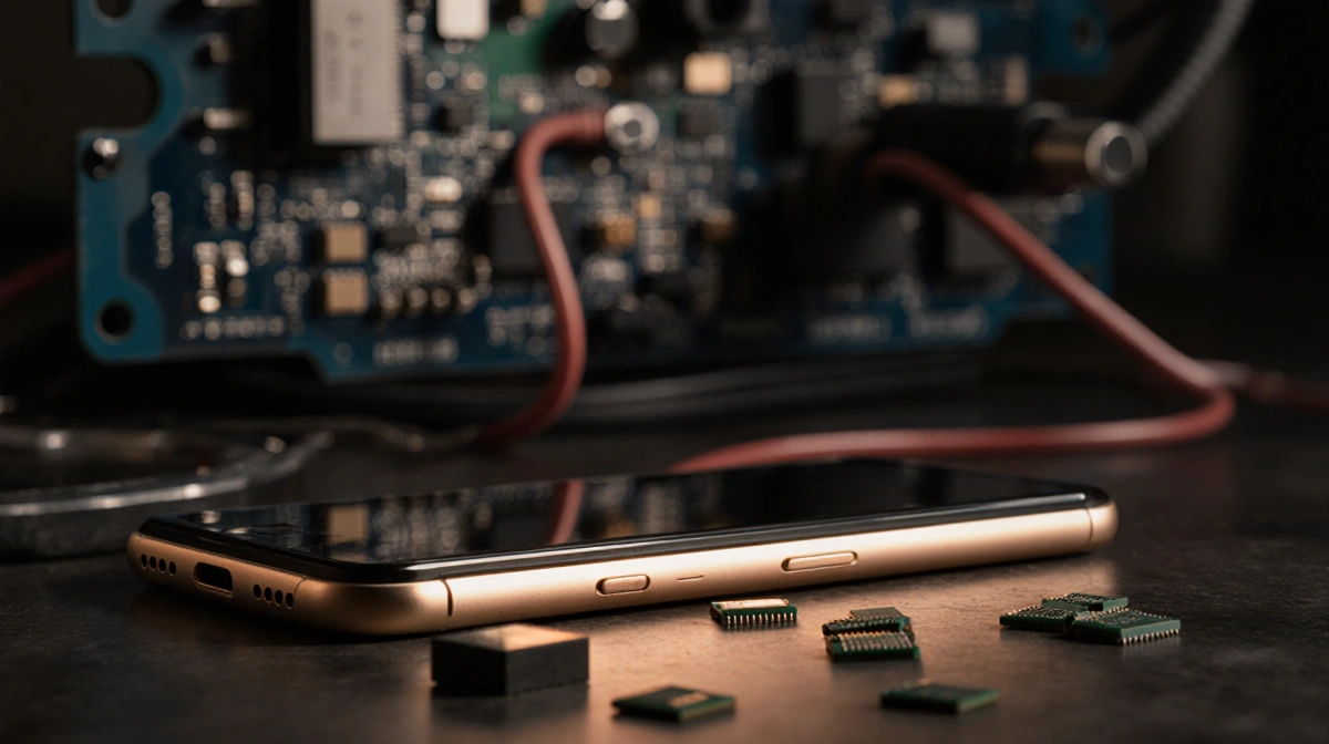 Smartphone glowing with golden light and microchips arranged as survival kit against blurred tech background