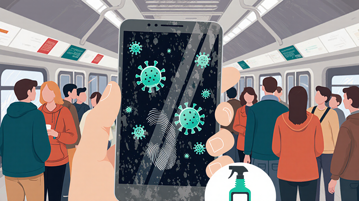 Smartphone shows dirty screen with fingerprints oils and germs against blurred public transport backdrop and phone cleaning