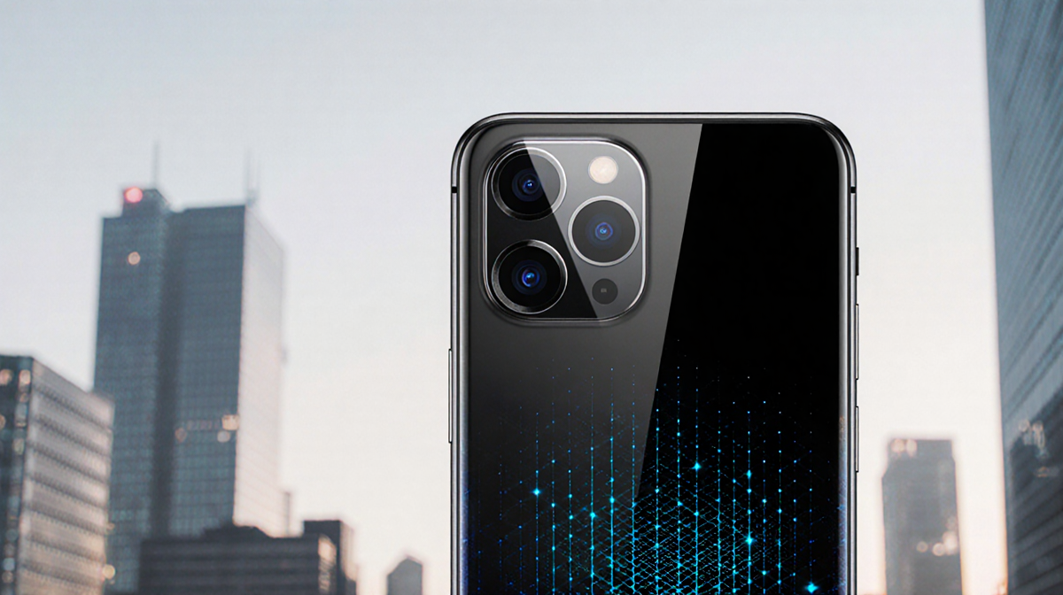 Sleek smartphone glowing with 6.9-inch display and triple-camera array and faint 5G grid against blurred cityscape