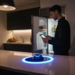 Woman scans groceries with phone showing checkout interface and blue-ring scanner on futuristic kitchen counter