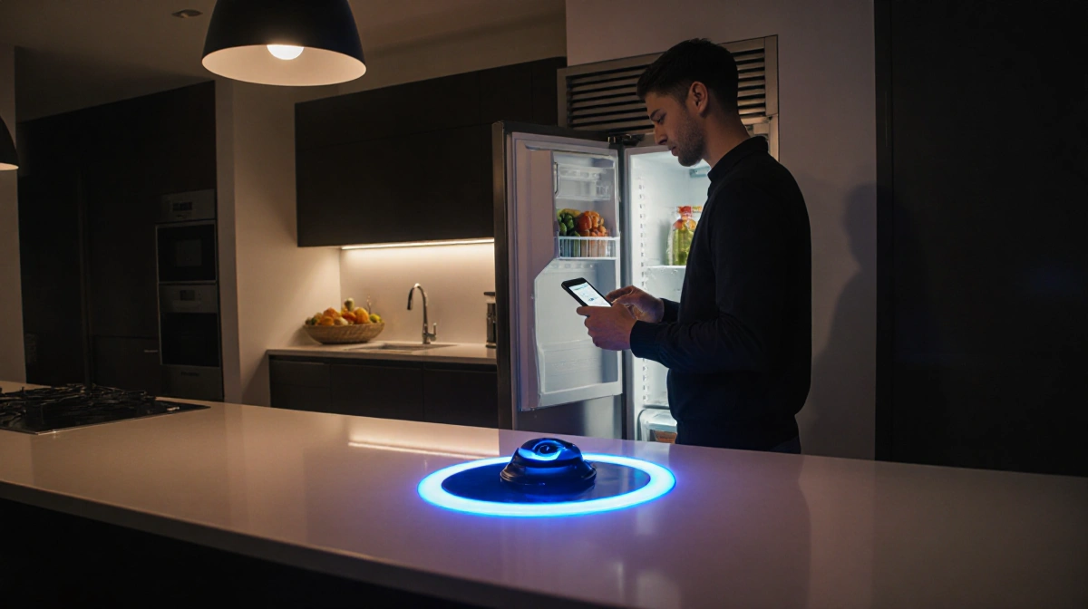 Woman scans groceries with phone showing checkout interface and blue-ring scanner on futuristic kitchen counter