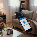 Smartphone screen showing water droplet icon and Water detected alert with cozy living room background