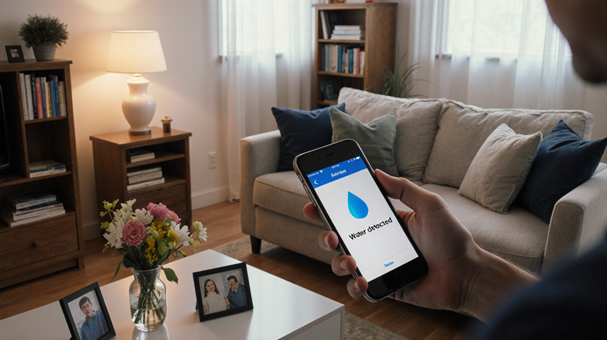 Smartphone screen showing water droplet icon and Water detected alert with cozy living room background