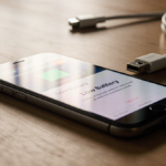 Smartphone showing low battery warning with subtle glow on wooden desk near scattered charging cables and warm lighting