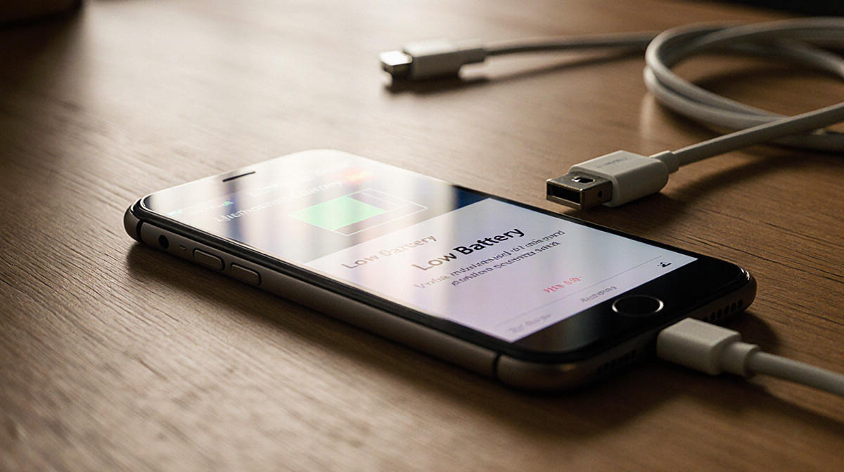 Smartphone showing low battery warning with subtle glow on wooden desk near scattered charging cables and warm lighting