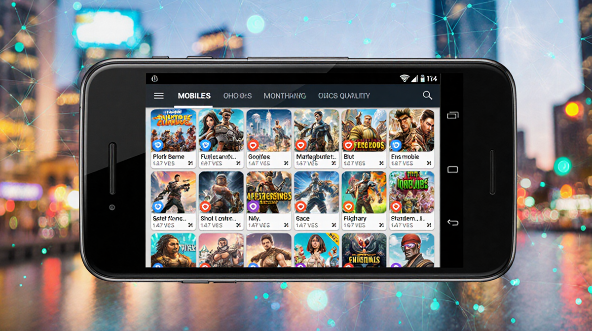 Smartphone scrolling through mobile game icons with vibrant colors and blurred cityscape background