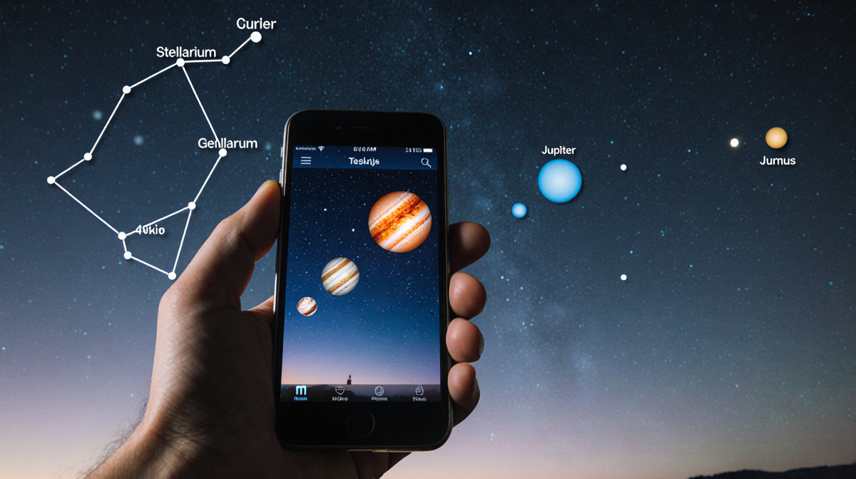 Person holding smartphone with sky-mapping app showing Venus and Jupiter and Uranus in night sky