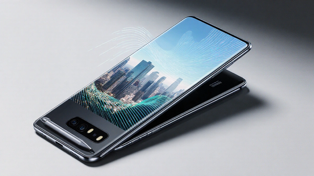 Smartphone screen shows bright cityscape with smooth motion lines and fingerprint reader