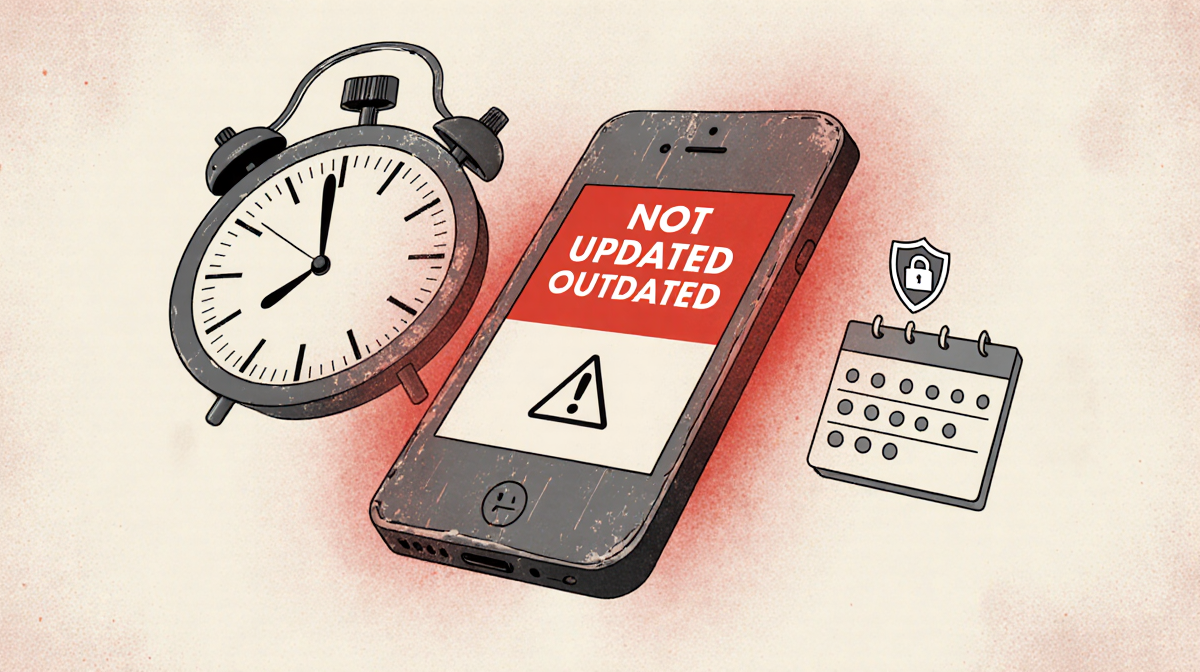Smartphone shows a Not Updated warning with a faint red glow and a subtle clock ticking behind it hinting at outdated securit