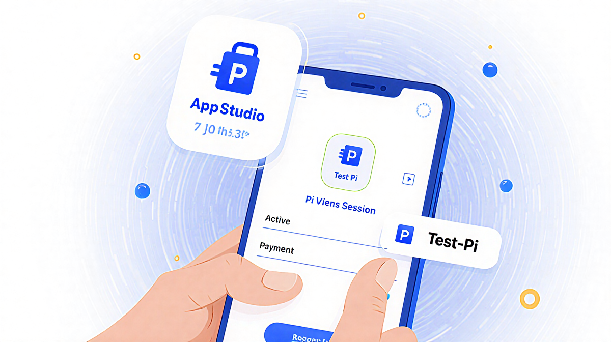 Smartphone screen showing Pi App Studio with active session and highlighted Test-Pi payment button with texture and animation