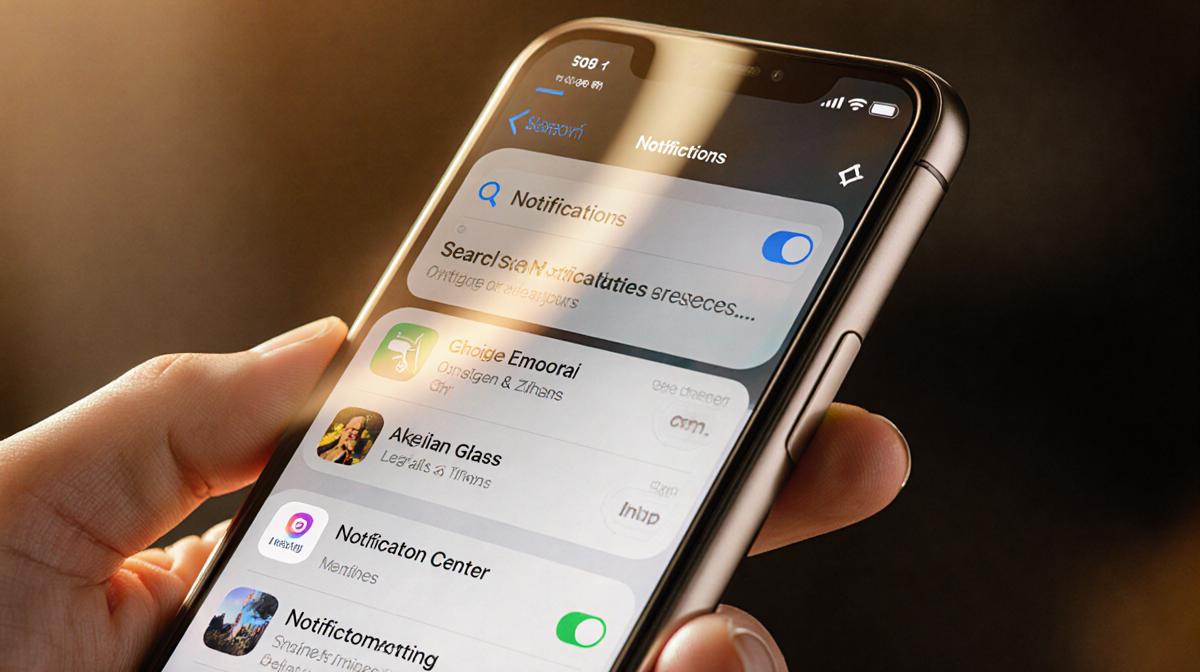 Smartphone screen showing a muted Notification Center overlay with liquid glass tint and warm golden lighting for readability