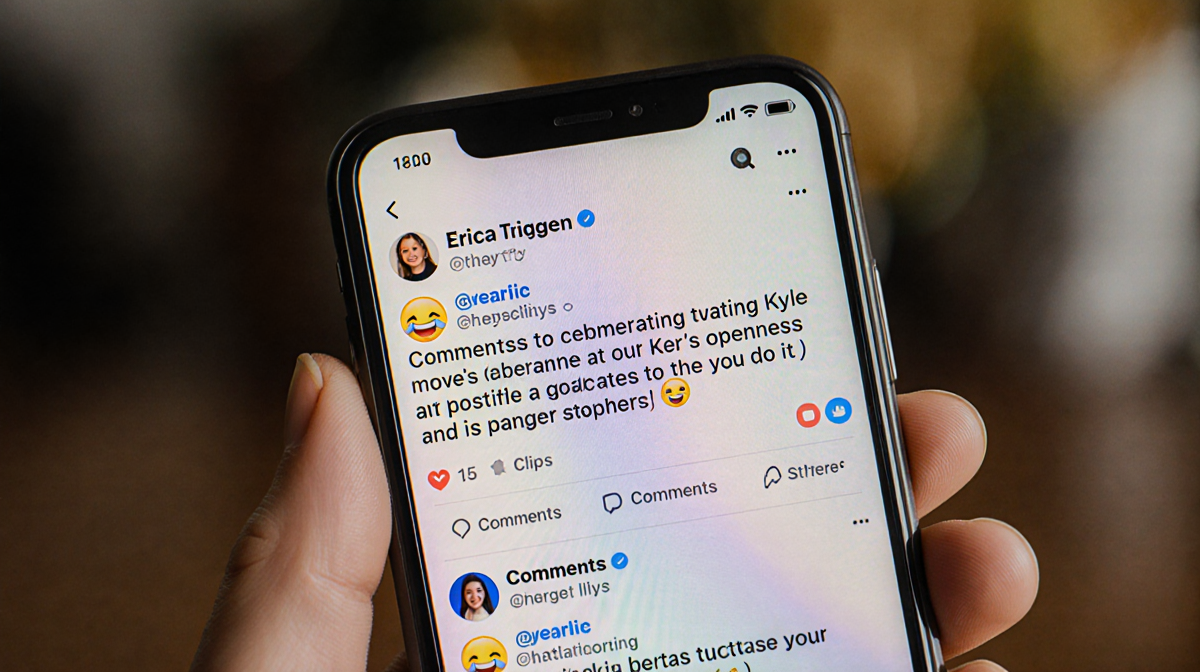 Smartphone screen shows Erica's post with celebratory comments featuring emojis and messages about Kyle's openness and mother