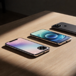 Smartphones arranged in a circle with the iPhone 17 Pro Max center and warm side light glowing over a wooden desk