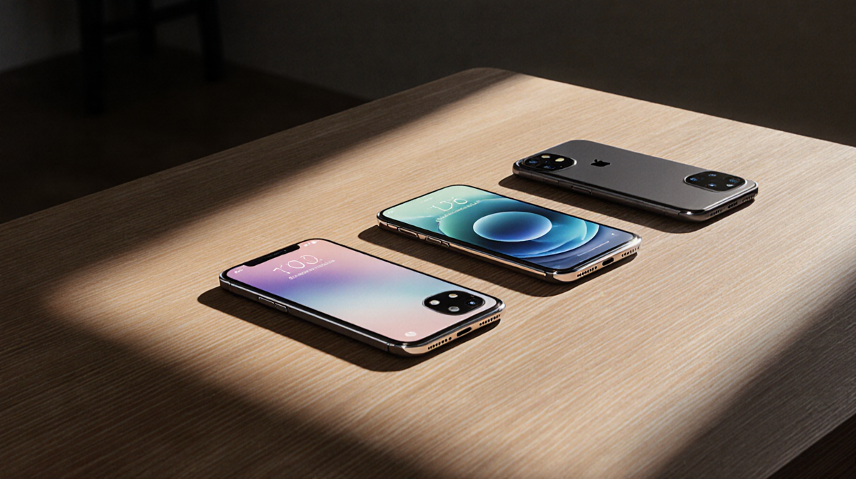 Smartphones arranged in a circle with the iPhone 17 Pro Max center and warm side light glowing over a wooden desk
