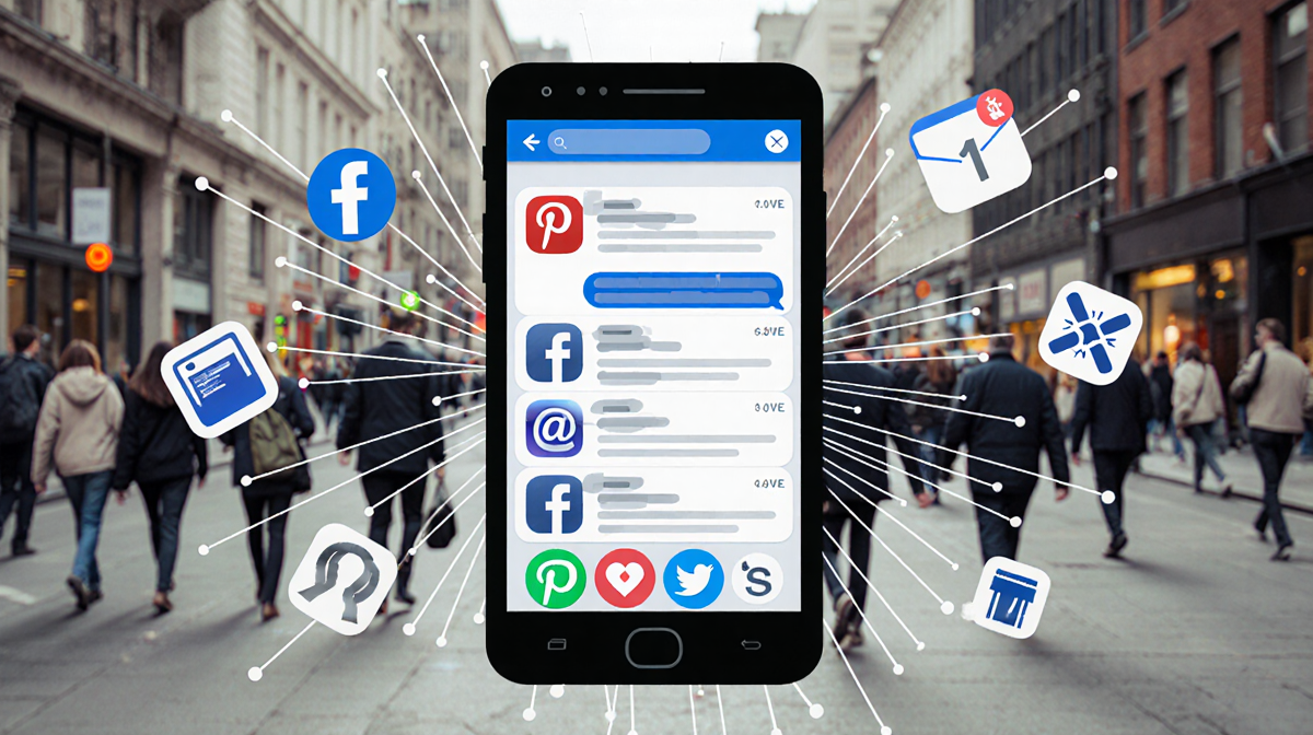 Smartphone screen shows media notifications with a blurred cityscape and app icons suggesting scams