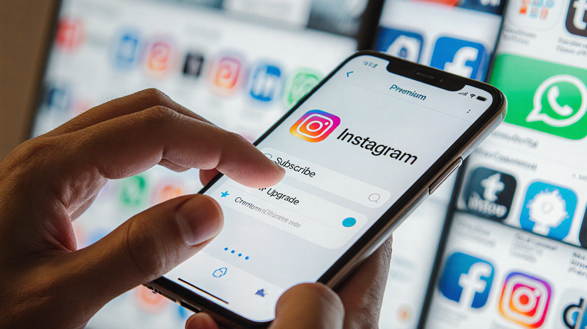 Person holding a smartphone with a social media app showing a subscribe button and a blurred icon grid in background