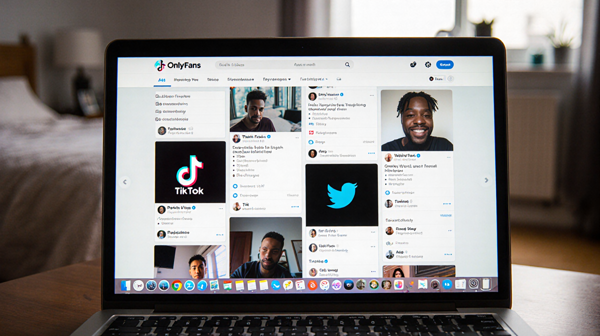 Smartphone screen showing social media profiles with glowing screen lights in a muted bedroom background.